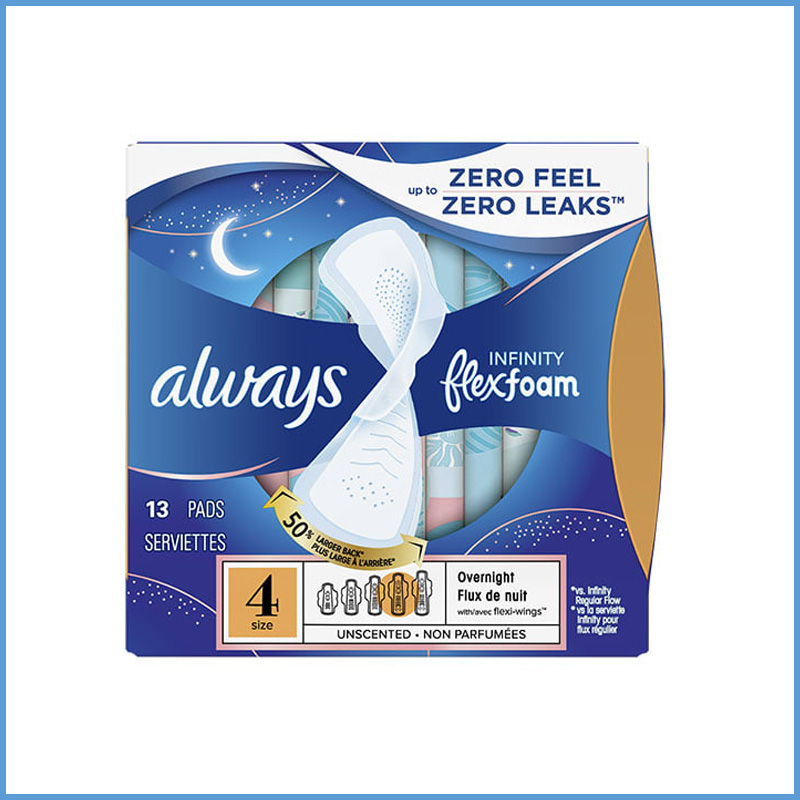Always Infinity FlexFoam Overnight Pads – Size 4, Unscented, Zero Feel & Zero Leaks Protection (13 Count)