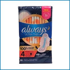 Always Ultra Thin Overnight Pads with Flexi-Wings – Size 4, RapidDry & OdorLock Protection, 26 Count