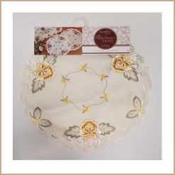 American Linen Home Collection Embroidered Doily 15 Inch Round Floral Table Doily White and Gold Decorative Polyester Accent Mat